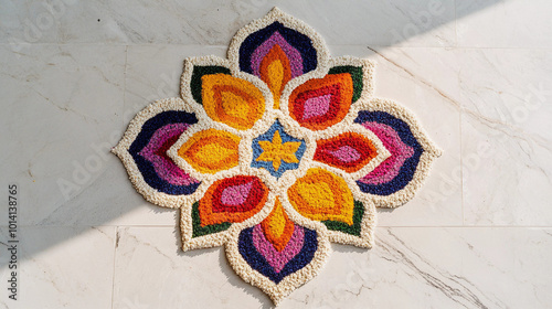 Top view of colorful rangoli on the floor