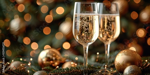 An elegant celebration scene featuring two champagne glasses with bubbles against a festive background with golden decorations and blurred lights