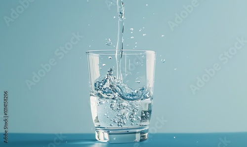 Water pouring into a glass on blue background with copy space for text