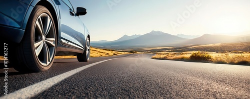 A closeup of a car traveling down a winding road through a scenic landscape