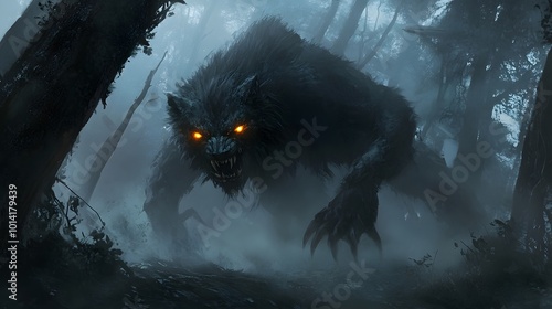 A fierce beast with glowing eyes and sharp claws prowling through a dark and misty forest