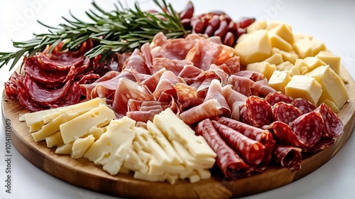 Gourmet charcuterie board featuring an array of cured meats, artisanal cheeses, and fresh rosemary, perfect for elegant entertaining or a luxurious snack.