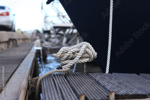 Mooring post, a mooring knot on a yacht pier. The yacht's mooring ropes are attached to the knecht. Knecht on the deck on the pier for fastening ropes. Knecht for mooring and fastening ropes