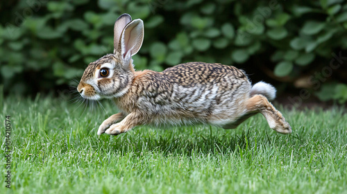 A rabbit hopping around in a grassy backyard