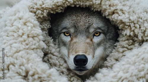 Wolf in sheep costume, an evil disguise of deception and fraud, cunning and dishonesty, with an animal skin of deceit trick, as a metaphor for a predator in danger