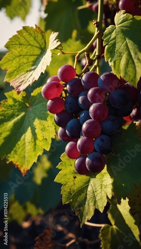 Close-up of red grape bunches on trellis system, ready for harvest