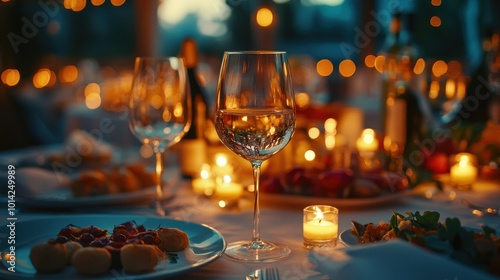 Elegant and select wedding decoration restaurant table Wine Glass and appetizers, on the bar table Soft light and romantic atmosphere dinner service menue guests candle