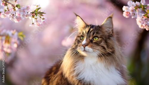 norwegian forest cat in a spring park with blooming cherry blossoms