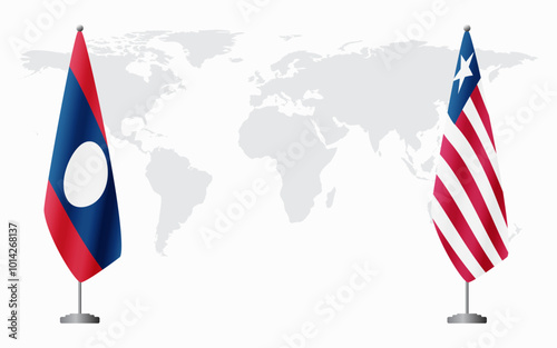 Laos and Liberia flags for official meeting against background of world map.