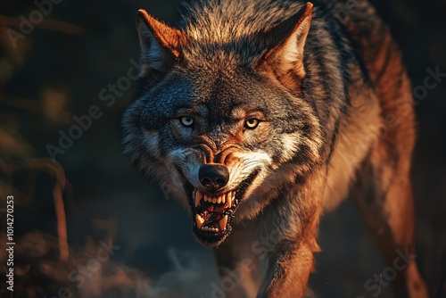 A powerful wolf charges ahead, revealing its fierce teeth and piercing stare, epitomizing primal ferocity in the wild.