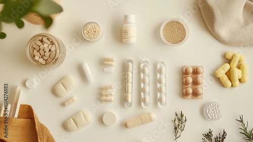 Various health supplements and pills arranged on a neutral background.