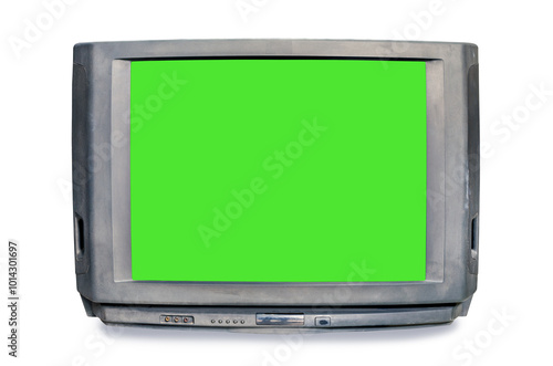 Analog old television with green screen isolated on white background. Retro TV style with clipping path, front view