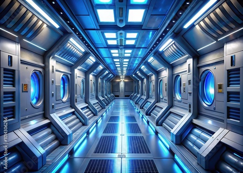 Panoramic View of a Futuristic Corridor with Escape Pod Hatches for Sci-Fi Settings