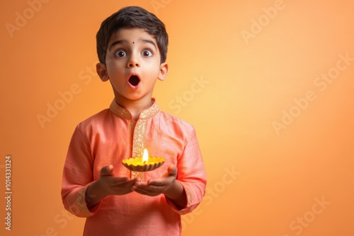 Portrait of a young Indian boy in a warm coral kurta, standing with a diya and looking amazed, with a coral to peach gradient glowing backdrop, Indian traditional Diwali festival, Diwali photoshoot