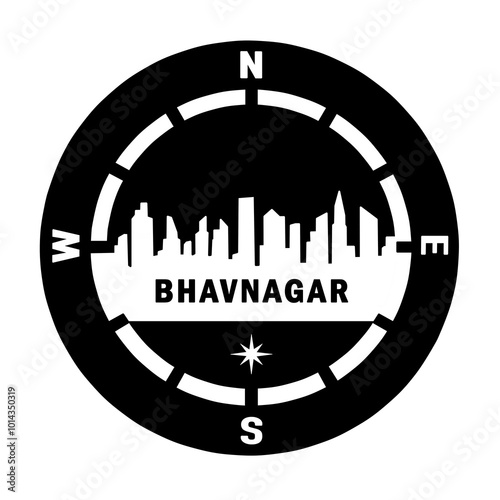 The laconic image of the city is framed by a circle and the cardinal points. City of Bhavnagar