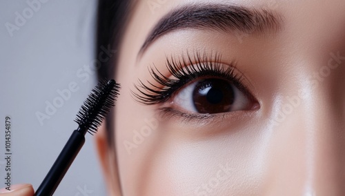 Close-up of beautiful asian woman eye with long eyelashes, applying mascara to her lashes