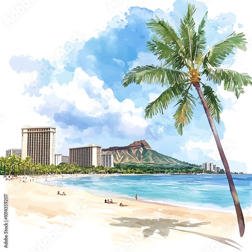 Watercolor Painting of Diamond Head and Waikiki Beach in Honolulu, Hawaii.