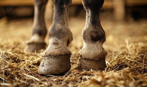 Muddy horse hooves in straw.