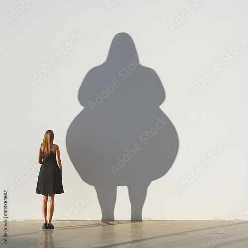 A thin woman’s shadow on a wall appears as an overweight figure, symbolizing distorted self-perception and body image issues. contrast explores themes of identity, insecurity, and body dysmorphia