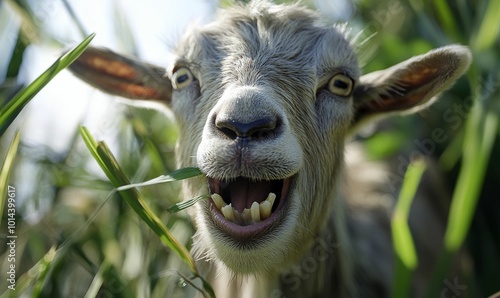 A goat with its mouth open, eating grass.