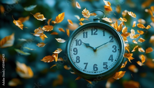 Clock surrounded by autumn leaves in a dreamy atmosphere.