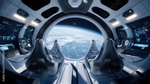 Spaceship futuristic interior with view on planet Earth. 