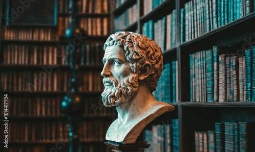 Bust sculpture in a library.