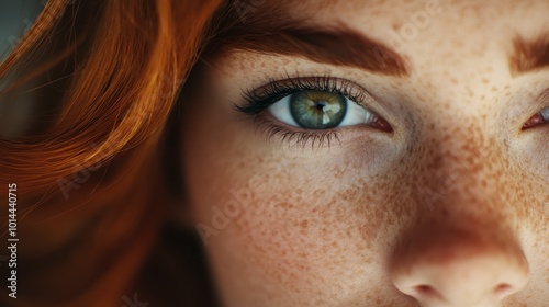 An enchanting close-up shot of a freckled eye, capturing the depth and beauty of the eye's natural colors and the intriguing texture of the freckles.