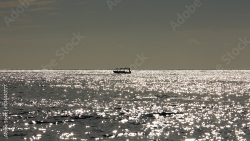 Silhouetted solo whale watching tour boat on horizon waiting for snorkelers to return from ocean with glistening waves in Moorea, French Polynesia