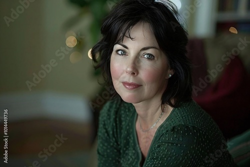 Headshot of a Caucasian woman in her middle age captured at home