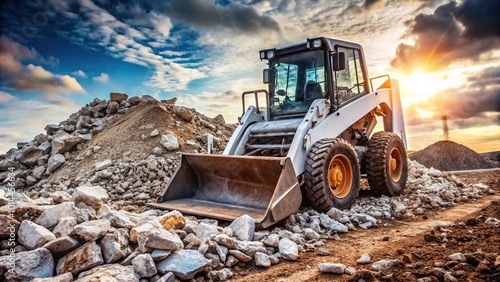 Bobcat skid steer loader approaching pile of rubble low angle view