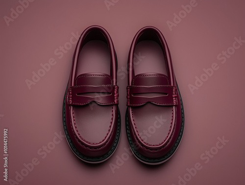 A pair of beautiful kid's burgundy loafer shoes on a solid background