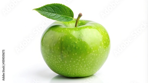 Close-up of a green apple with leaf