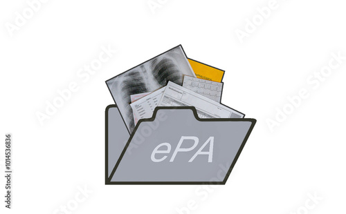 Symbol eines Dateiordners auf dem ePA steht und Patientendokumente oben herausragen, transparenter Hintergrund, horizontal