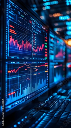 Computer monitors display complex financial data and charts.