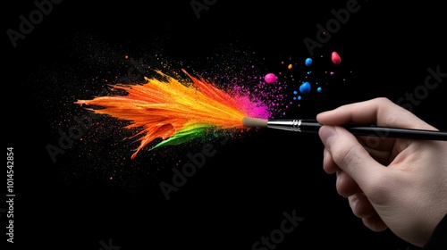 Artistic Explosion: A hand wielding a paintbrush unleashes a vibrant burst of color against a dramatic black backdrop. A captivating image symbolizing creativity, passion, and artistic expression. 