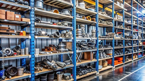 A well-organized industrial warehouse with shelves filled with an array of metal parts and components, showcasing the efficiency and orderliness of a manufacturing facility.