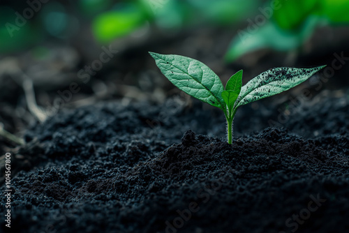 Young green plant growing in fertile soil.