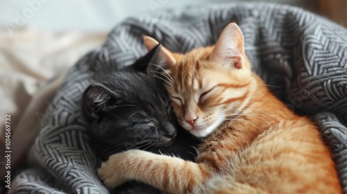 Two cute cats snuggling together while sleeping