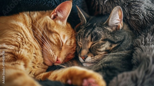 Two cute cats snuggling together while sleeping