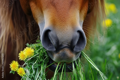 Horse Eating Grass. Closeup Portrait of Chestnut Budenny Horse Grazing on Sunny Summer Day