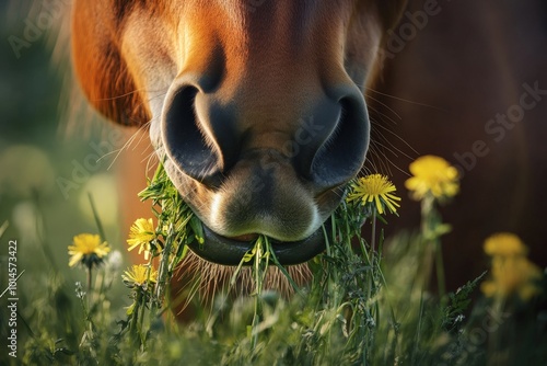 Horse Eating Grass. Closeup of Beautiful Chestnut Budyonny Grazing in Bright Summer Field