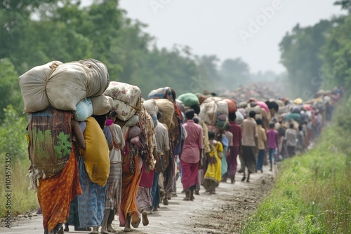 Crowd of refugees walking on rural road carrying belongings