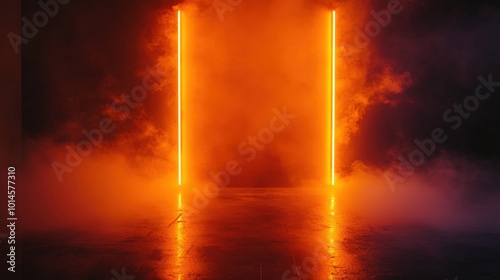 Orange neon light studio backdrop on black background with smoke reflecting backlight on wall and floor, dark room excitement and heat, excitement of competition, future and modern technology