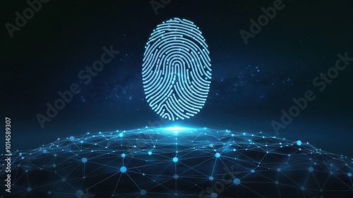 Glowing blue digital fingerprint holograms hovering above a global network of connected nodes representing secure authentication and verification for blockchain based cryptocurrency transactions