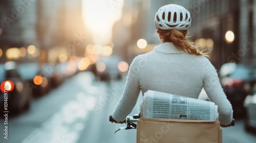 A cyclist wearing a helmet and carrying newspapers rides through a bustling city street, embodying the blend of urban life, work, and commotion in motion.