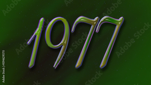 3D green with blue border design of number 1977 on green background.