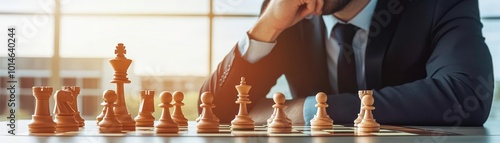 Businessman contemplating a chess move on a desk close up, focus on, copy space, bright hues for clarity, double exposure silhouette with corporate meeting