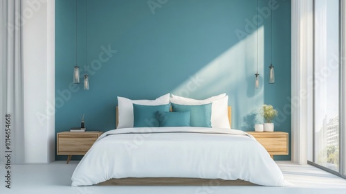 A bedroom with a blue wall and a white bed with a wooden headboard. The bed is made with white sheets and has blue pillows. There are two nightstands on either side of the bed, both with a lamp