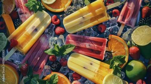 Bright popsicles arranged on a bed of vibrant summer fruits and ice, combined with fresh mint leaves, create a delightful, refreshing treat for warm days.